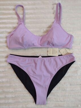 New Fabletics XL Scoop Bikini Top & Mid Rise Reversible Bottoms Purple Cosmo NWT
